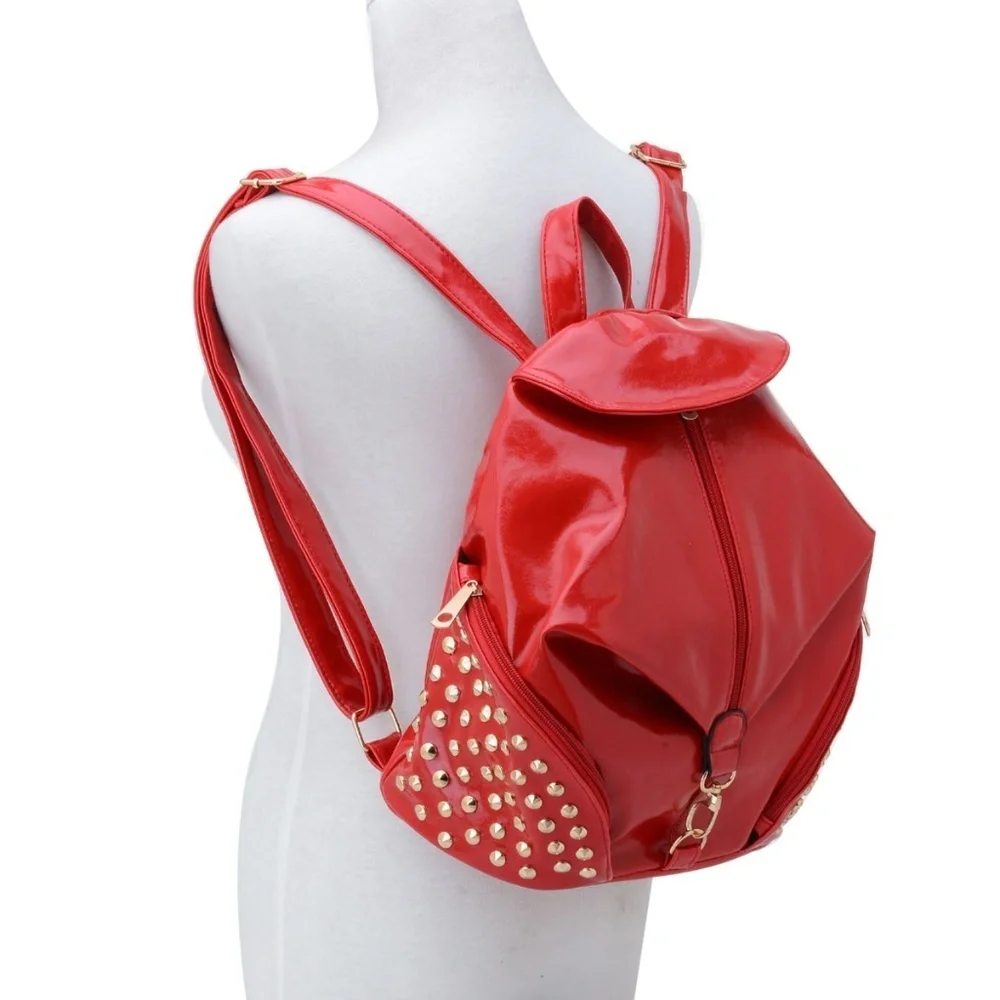 Backpack Red Leatherette Gold Studded